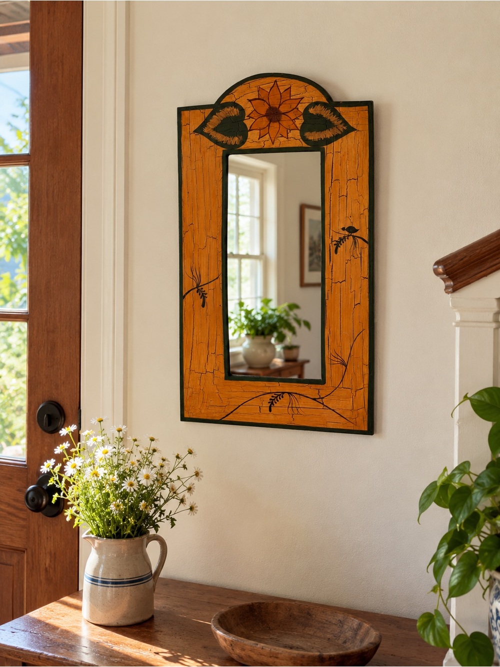 Vintage Folk Art Painted Sunflower Wood Frame Wall Mirror Cottagecore Decor 90s